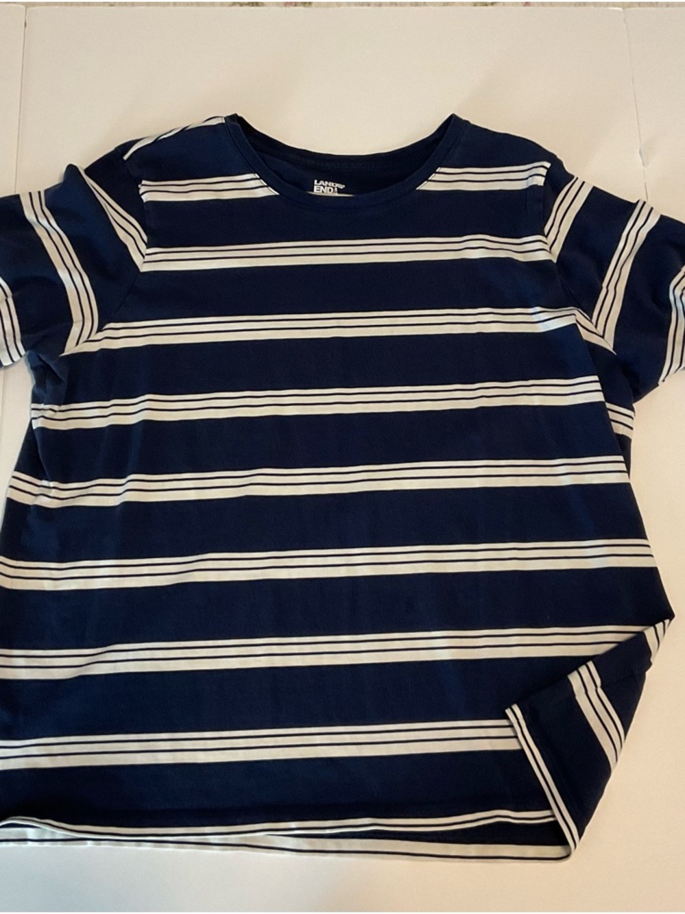 Lands' End Navy & White Horizontal Stripe Short Sleeve Tee